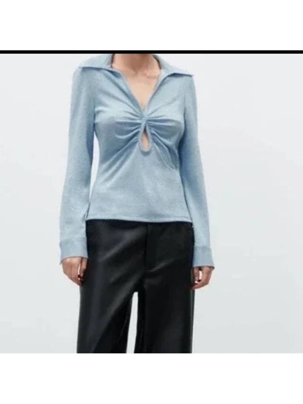 ZARA Sparkle Ruched Button Front Cutout Long Sleeve Blouse Top Light Blue Sz S
